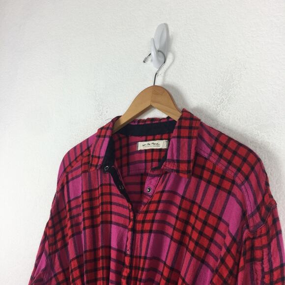 Free People Pacific Dawn Red Pink Drawstring Plaid Shirt Medium - Picture 8 of 14